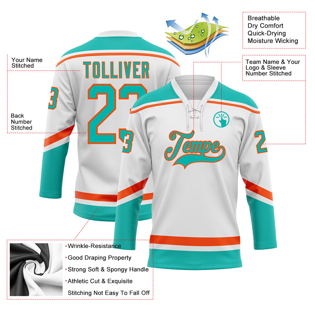 Custom White Aqua-Orange Hockey Lace Neck Jersey