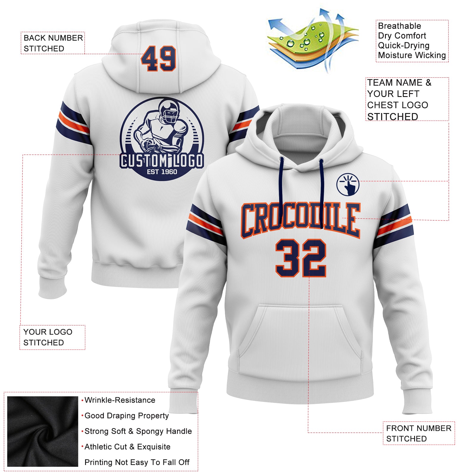 Custom Stitched White Navy-Orange Football Pullover Sweatshirt Hoodie