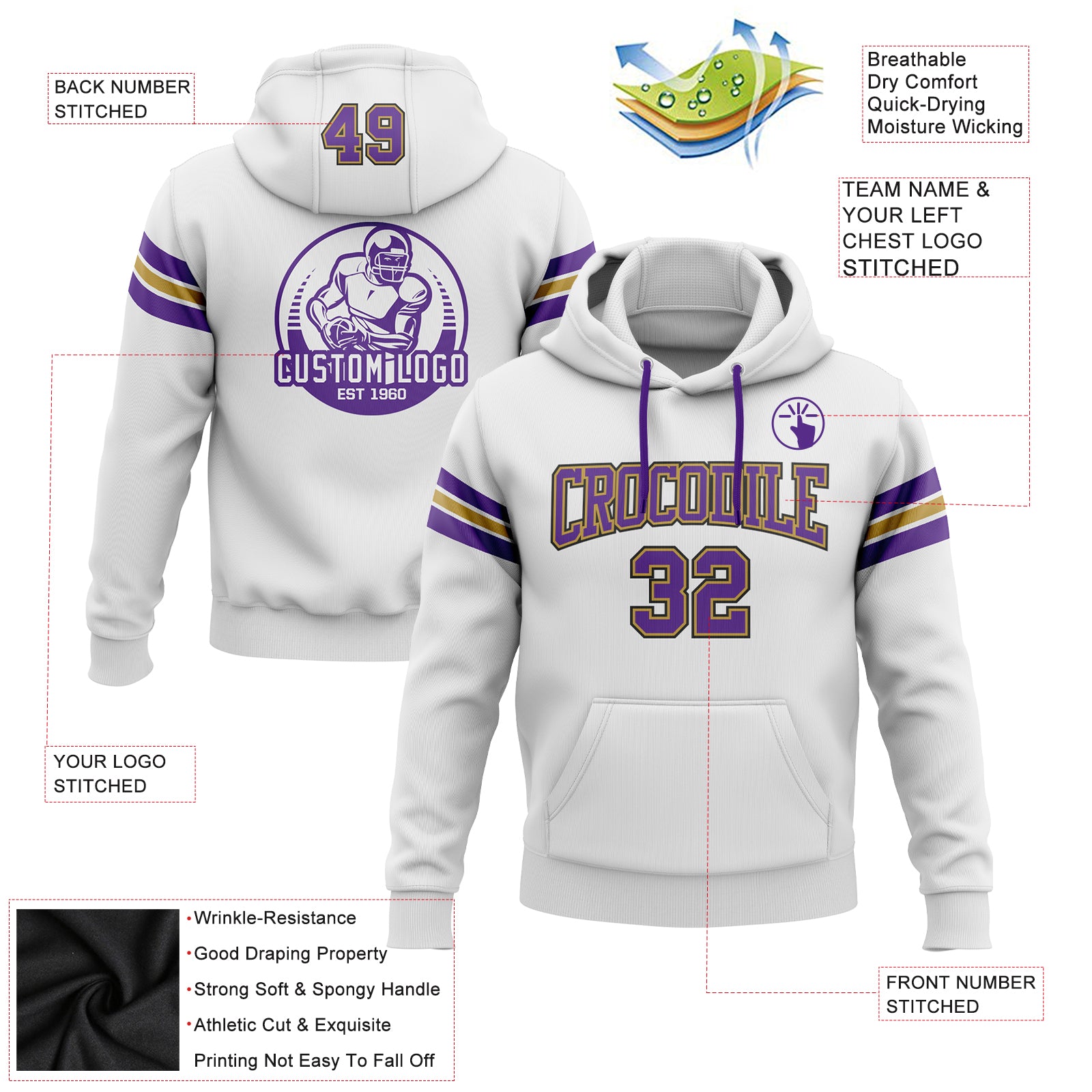 Custom Stitched White Purple Old Gold-Black Football Pullover Sweatshirt Hoodie