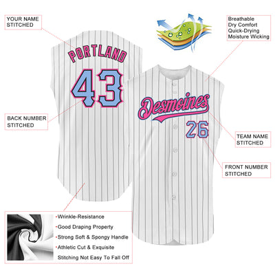 Custom White Black Pinstripe Light Blue-Pink Authentic Sleeveless Baseball Jersey