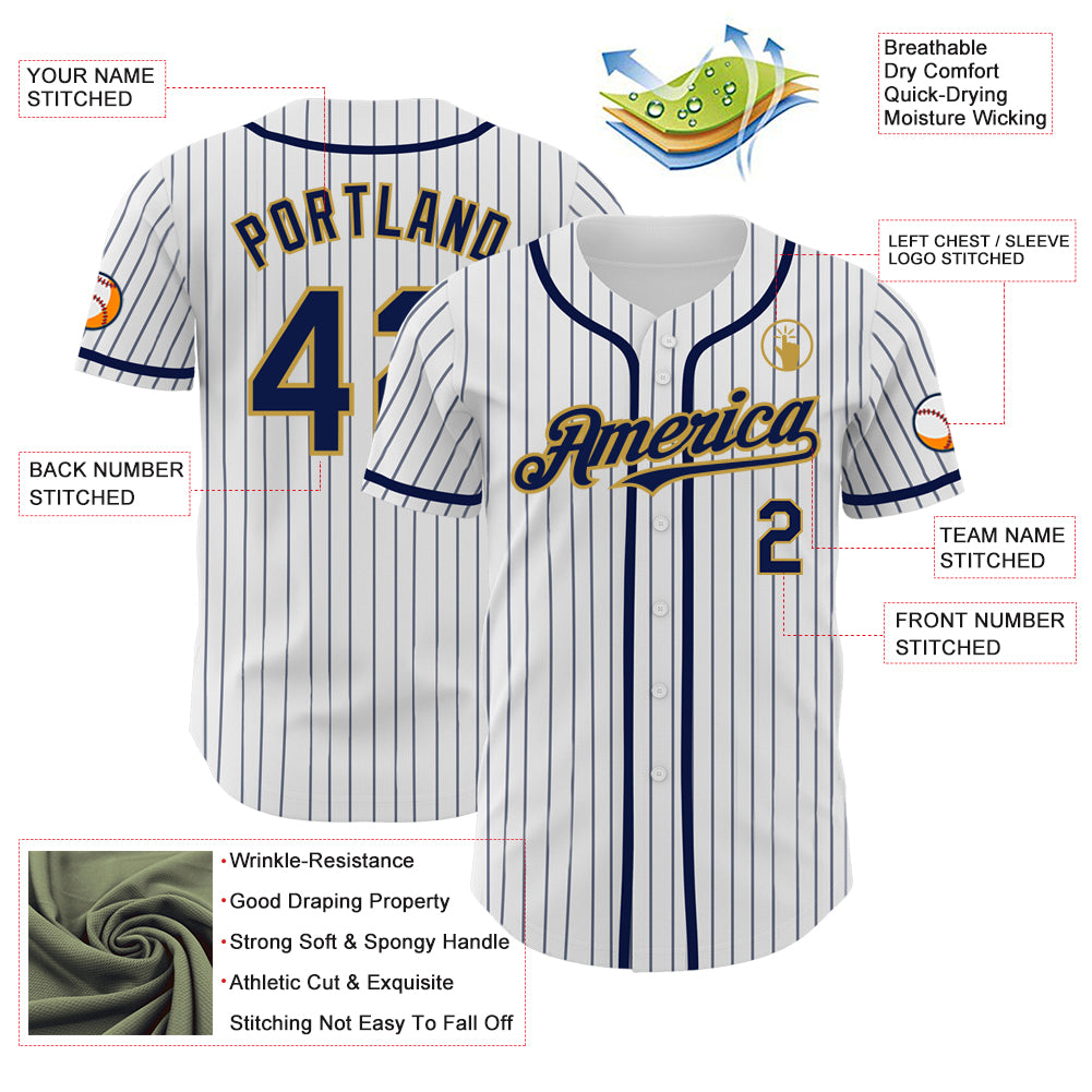 Custom White Navy Pinstripe Old Gold Authentic Baseball Jersey