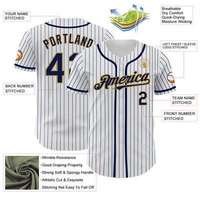 Custom White Navy Pinstripe Old Gold Authentic Baseball Jersey