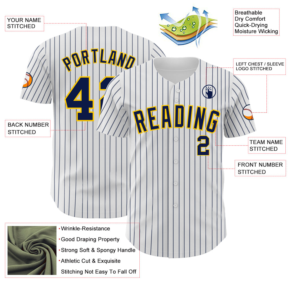 Custom White Navy Pinstripe Yellow Authentic Baseball Jersey