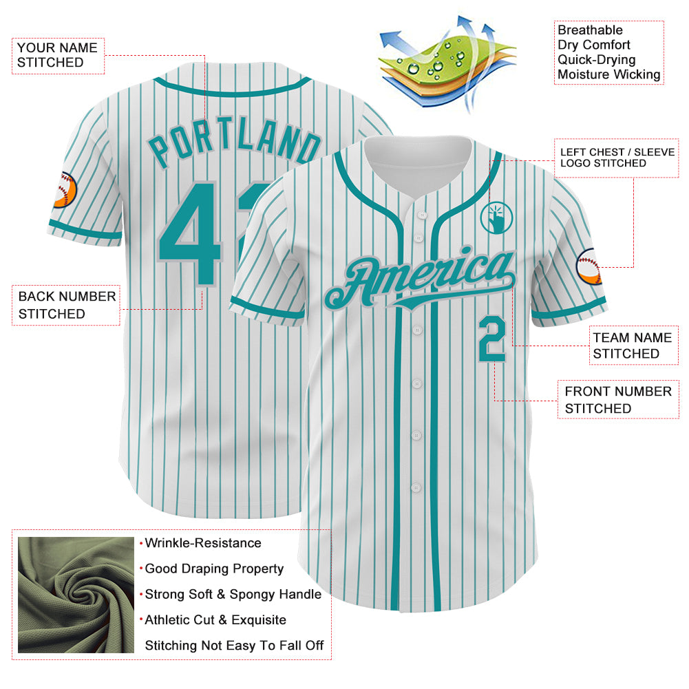 Custom White Teal Pinstripe Gray Authentic Baseball Jersey