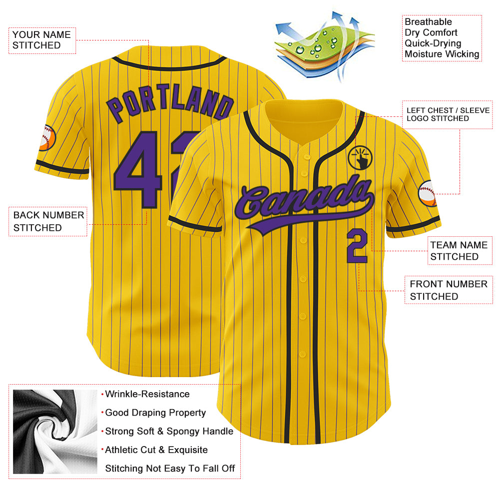 Custom Yellow Purple Pinstripe Black Authentic Baseball Jersey