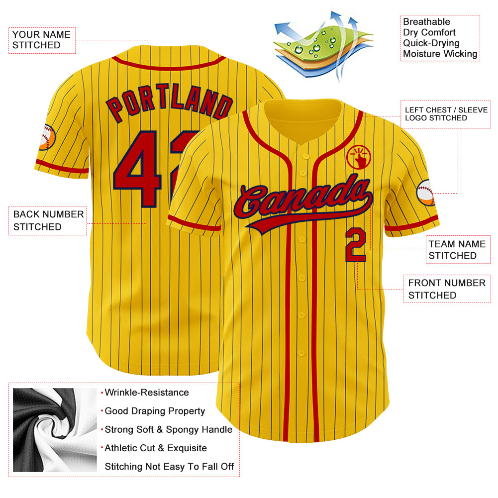 Custom Yellow Navy Pinstripe Red Authentic Baseball Jersey