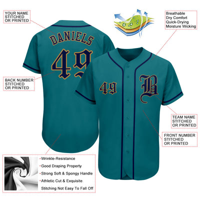 Custom Teal Navy-Old Gold Authentic Baseball Jersey