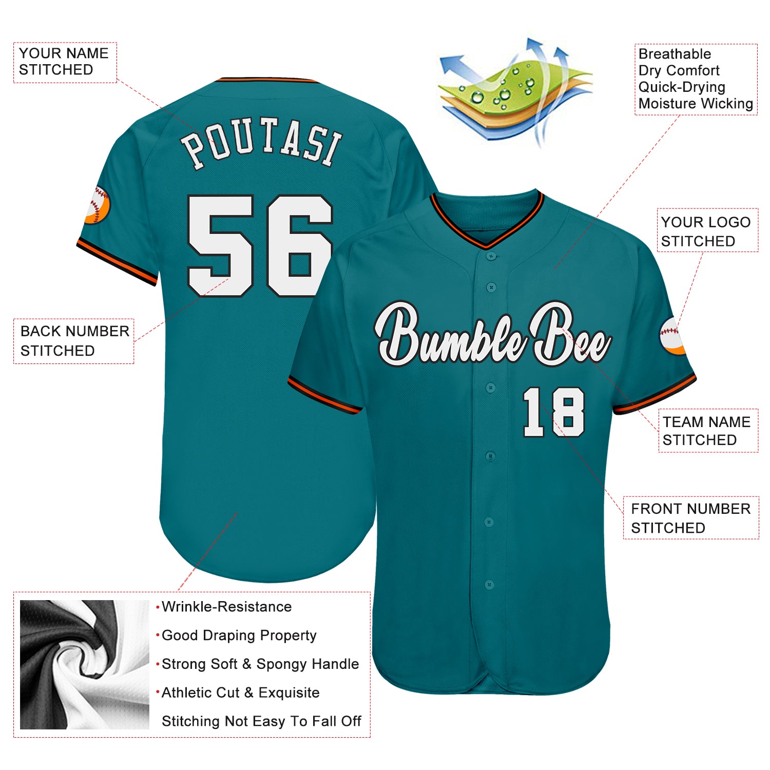 Custom Teal White-Orange Authentic Baseball Jersey