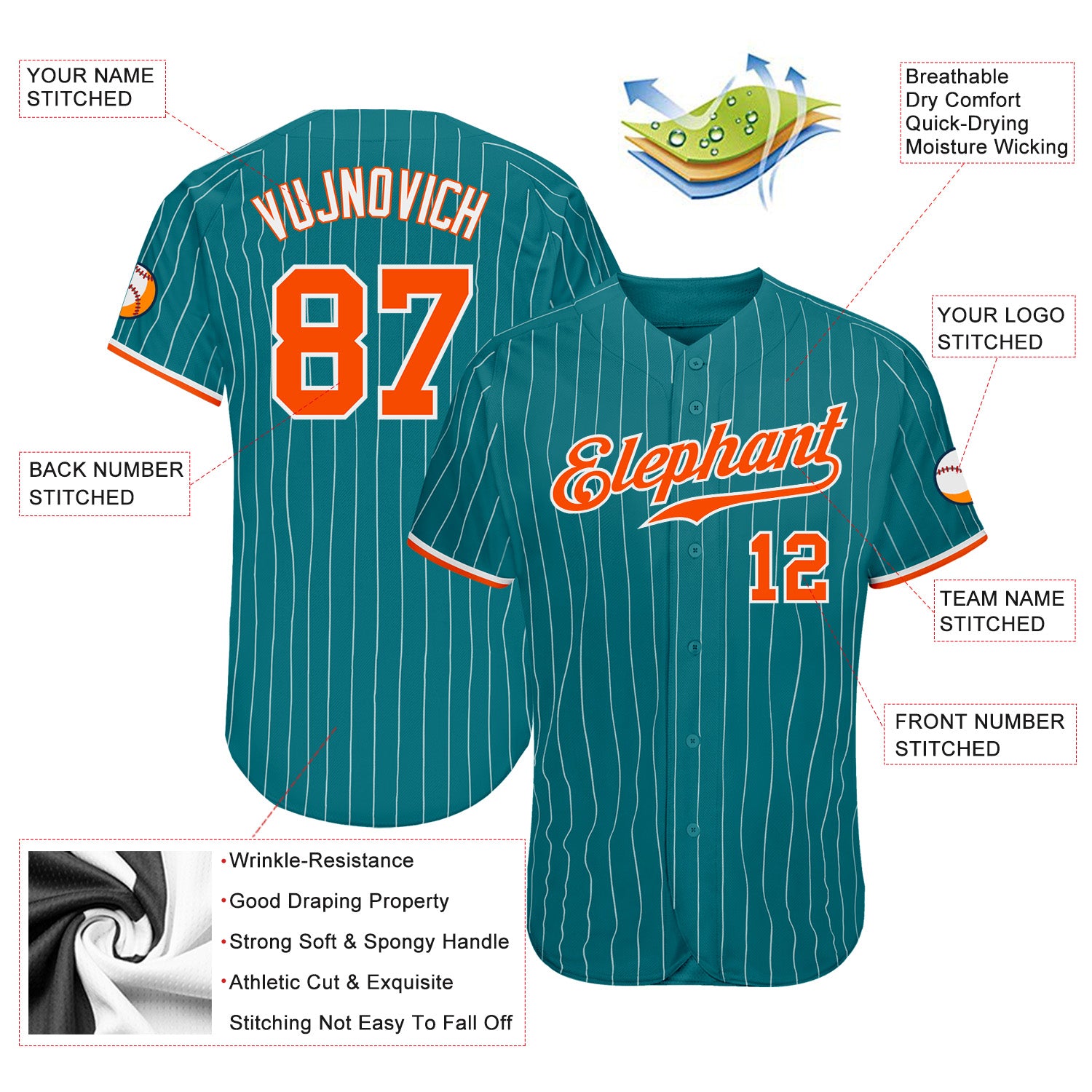 Custom Teal White Pinstripe Orange-White Authentic Baseball Jersey