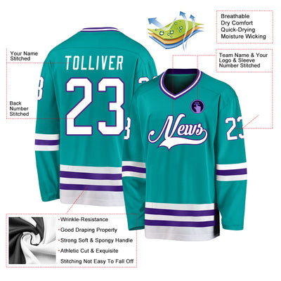 Custom Aqua White-Purple Hockey Jersey