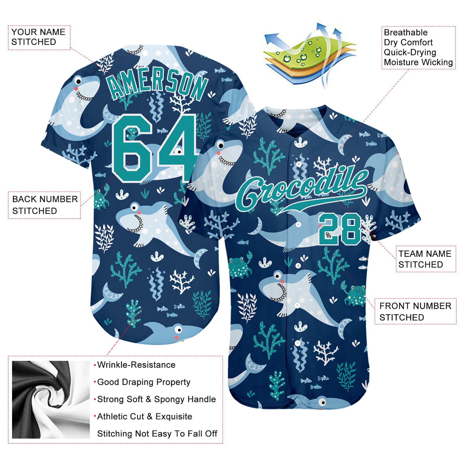 Custom Teal Teal-White 3D Pattern Design Sharks Authentic Baseball Jersey