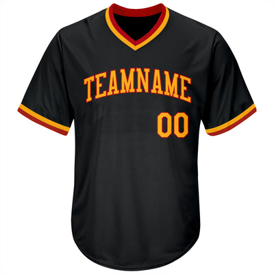 Custom Black Gold-Red Authentic Throwback Rib-Knit Baseball Jersey Shirt