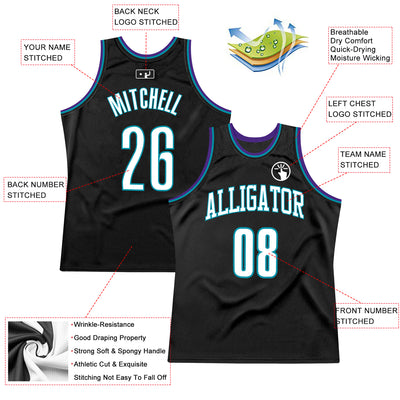 Custom Black White-Teal Authentic Throwback Basketball Jersey