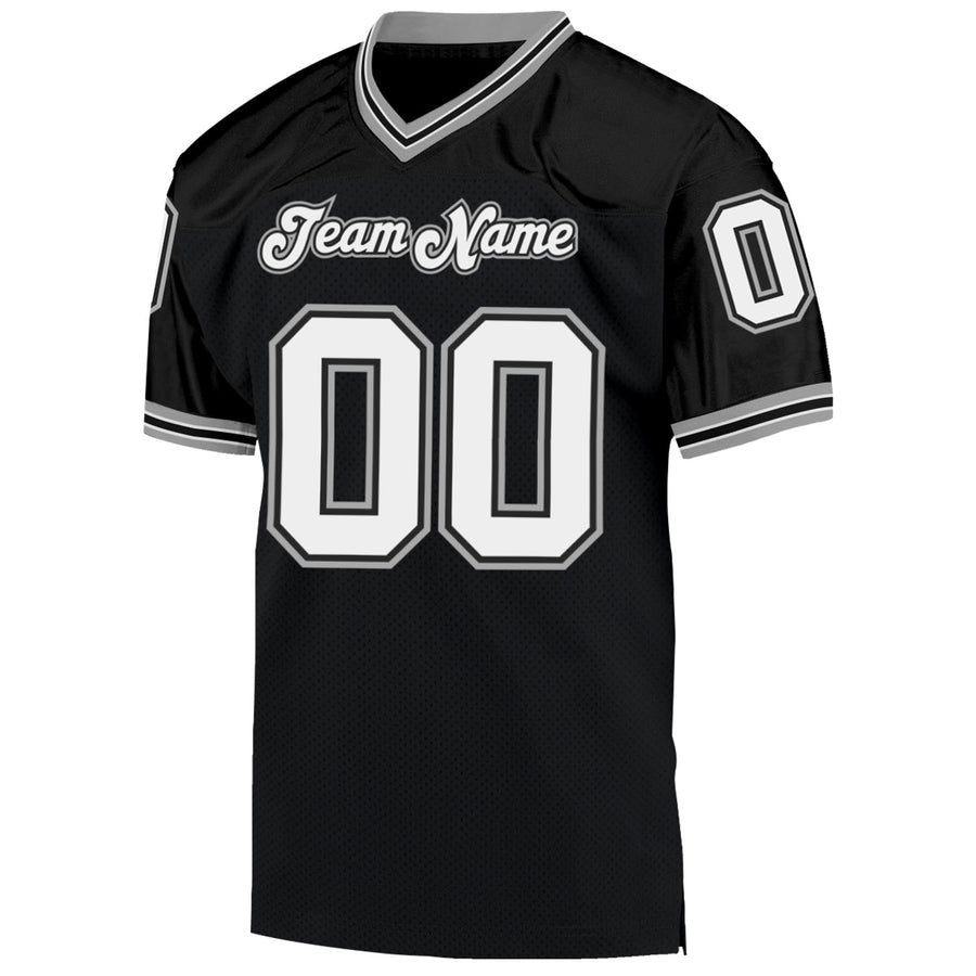 Custom Black White-Gray Mesh Authentic Throwback Football Jersey