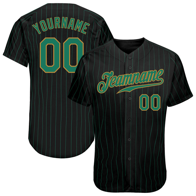 Custom Pinstripe Baseball Jersey Black Kelly Green Kelly Green-Old Gold ...