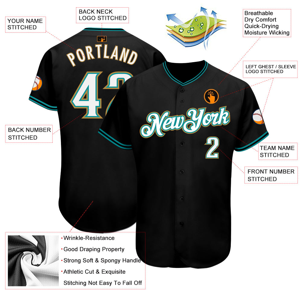 Custom Black White-Teal Authentic Baseball Jersey