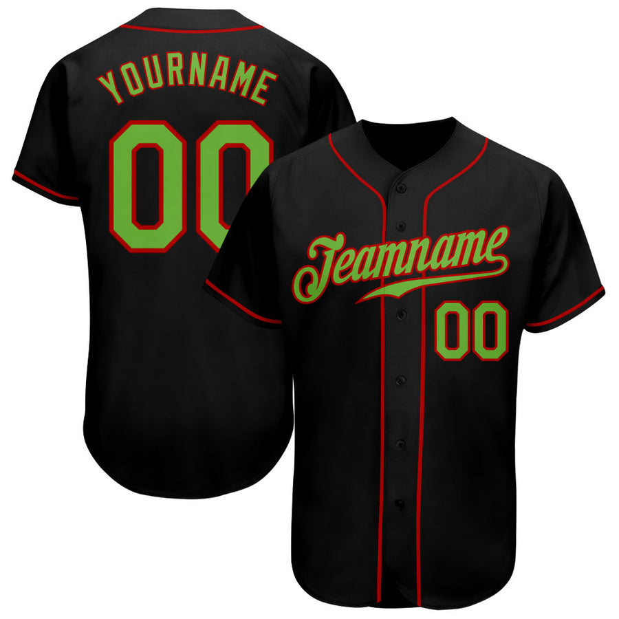 Custom Black Neon Green-Red Authentic Baseball Jersey