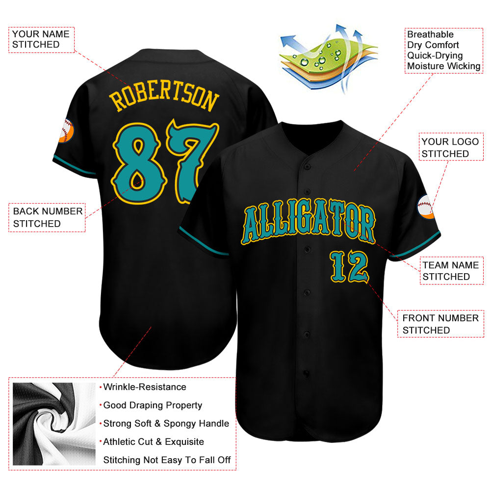 Custom Black Teal-Gold Authentic Baseball Jersey