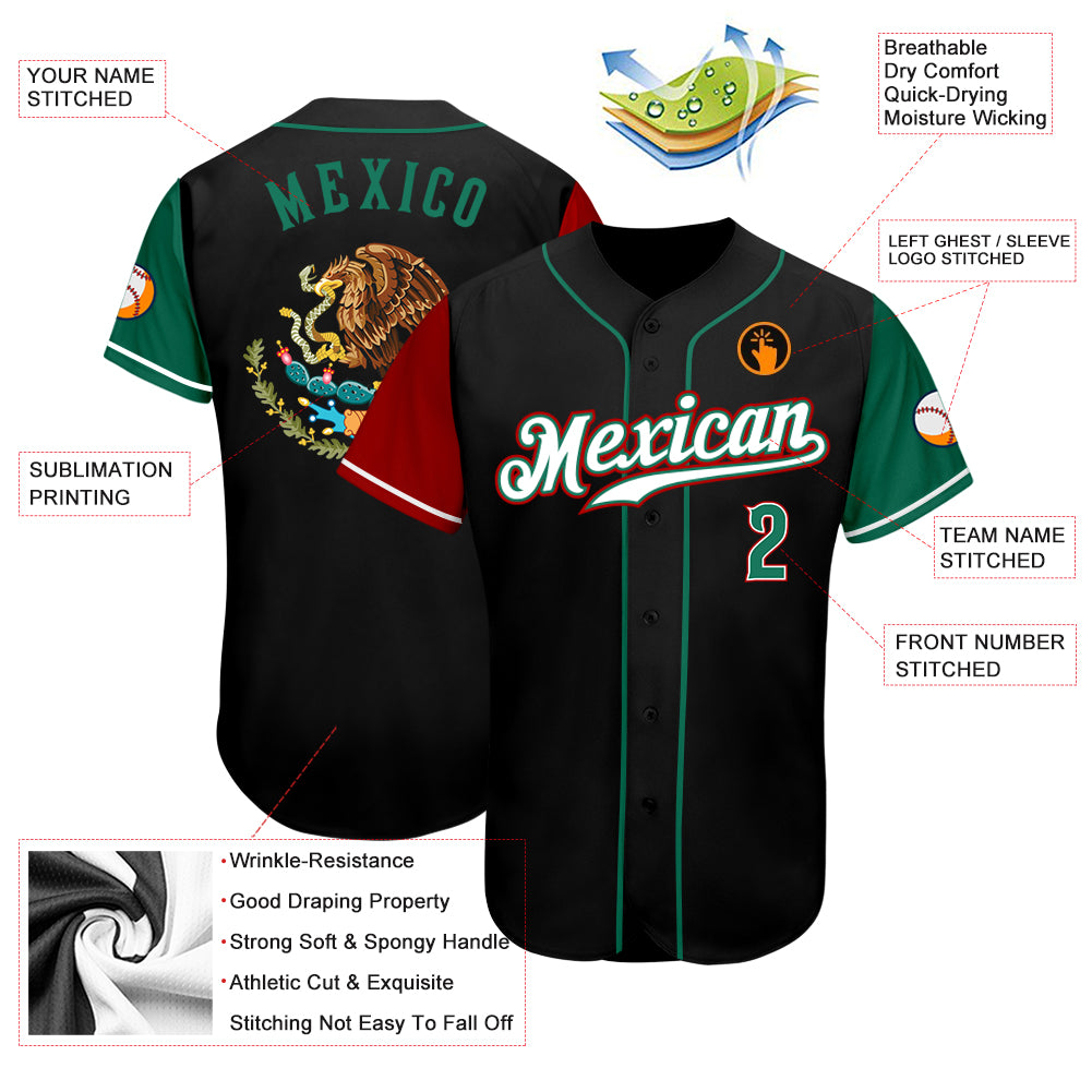 Custom Black Kelly Green-Red Authentic Mexico Baseball Jersey Women's Size:3XL