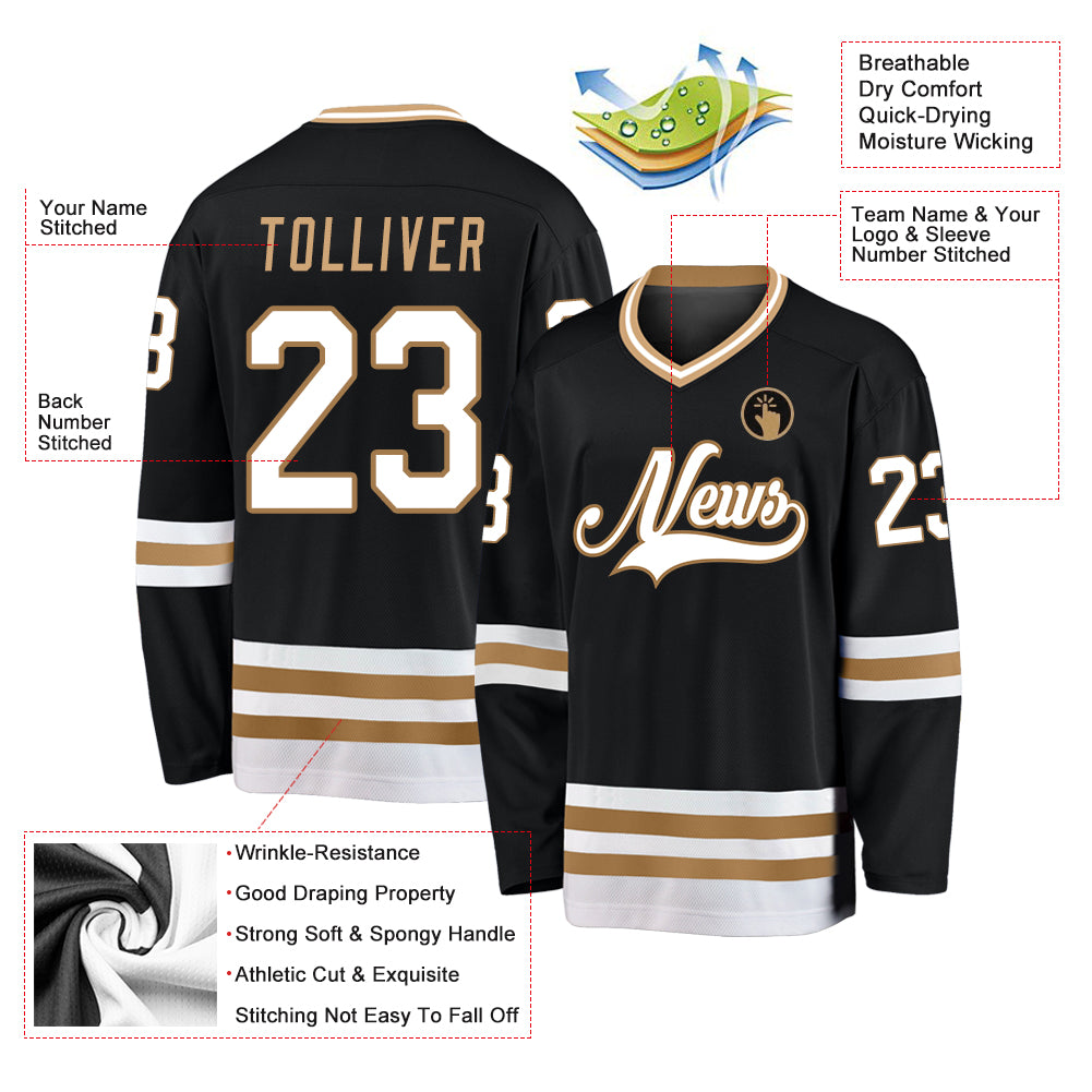 Custom Black White-Old Gold Hockey Jersey