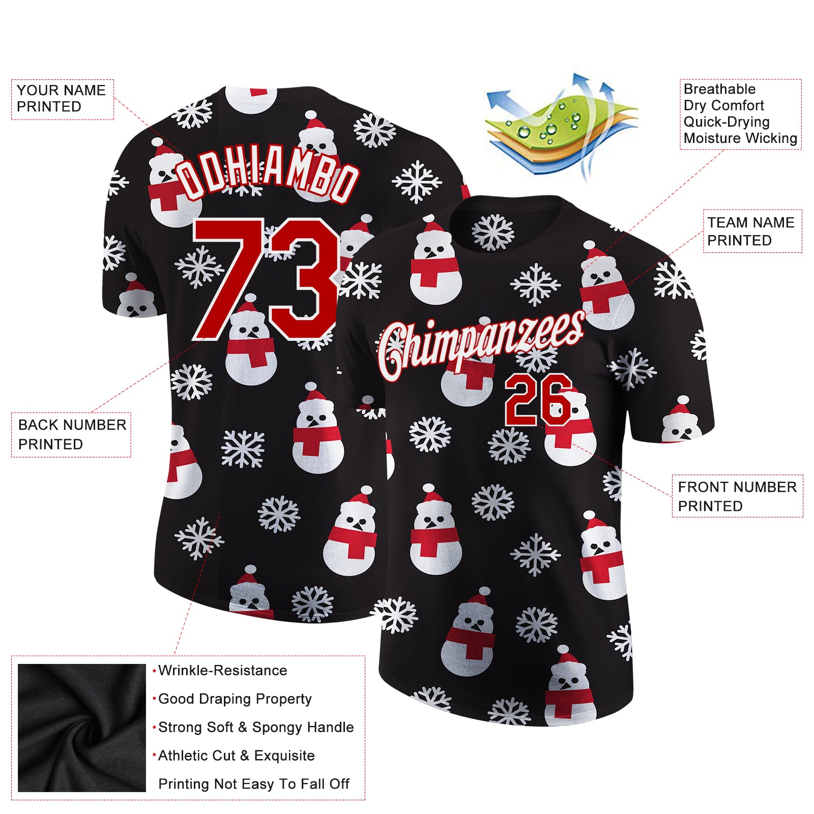 Custom Black Red-White Christmas 3D Performance T-Shirt