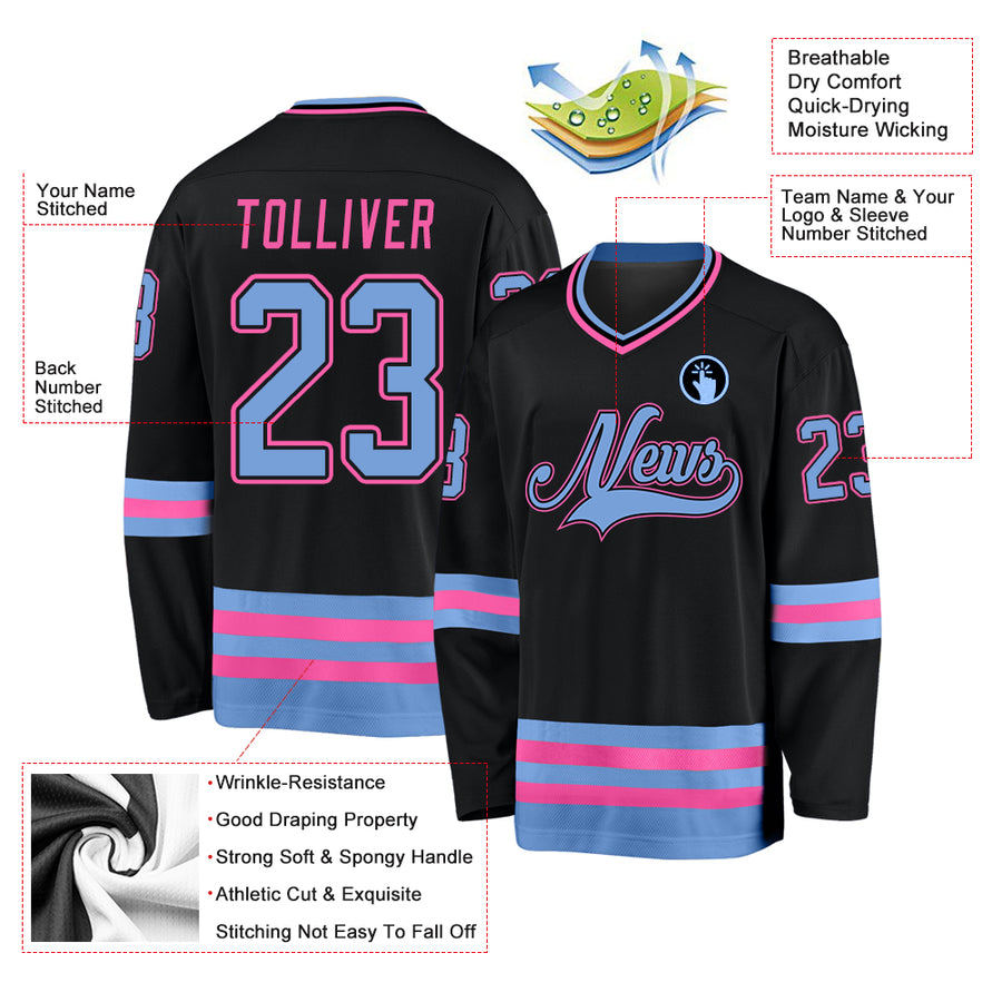 Custom Black Light Blue-Pink Hockey Jersey