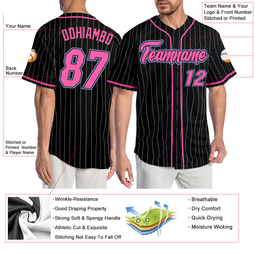 Custom Black White Pinstripe Pink-Light Blue Authentic Baseball Jersey