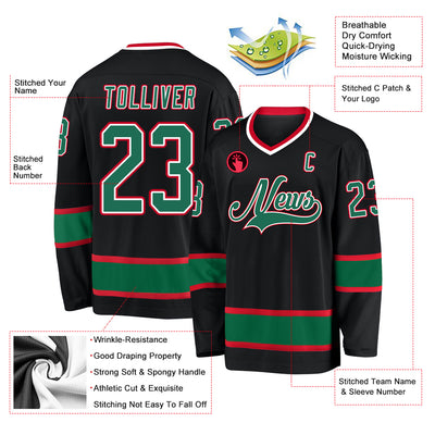 Custom Black Kelly Green-Red Hockey Jersey
