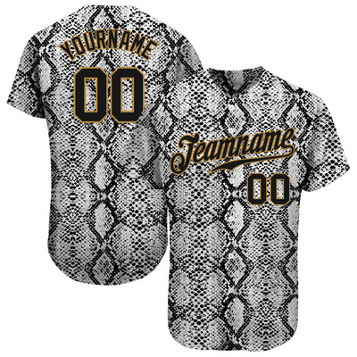 Custom Black Snakeskin Black-Old Gold 3D Pattern Design Authentic Baseball Jersey