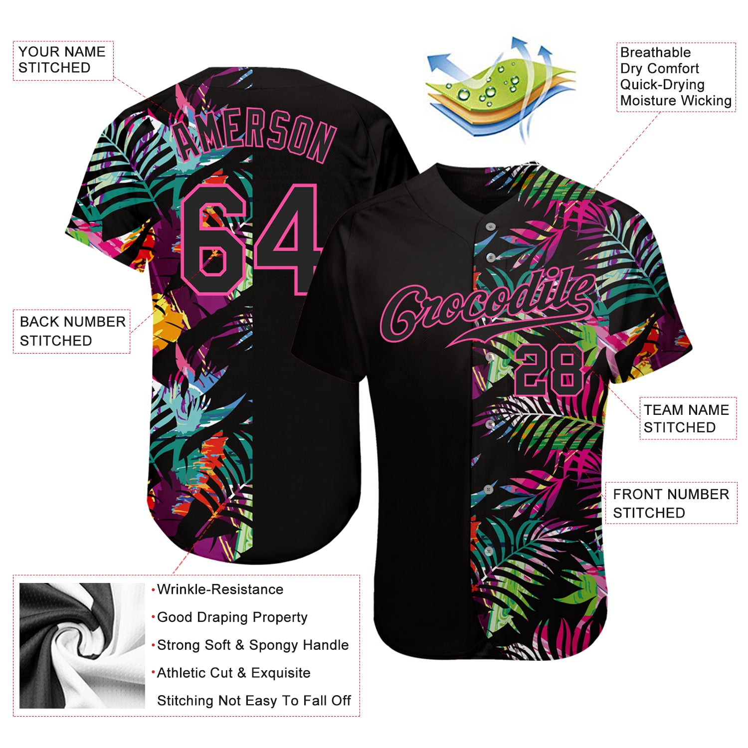 Custom Black Black-Pink 3D Pattern Design Tropical Palm Leaves Authentic Baseball Jersey