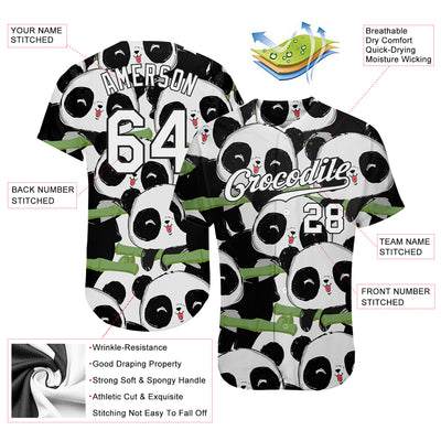 Custom Black White-Black 3D Pattern Design Pandas Authentic Baseball Jersey