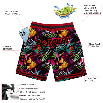 Custom Black Black-Red 3D Pattern Design Tropical Palm Leaves Authentic Basketball Shorts