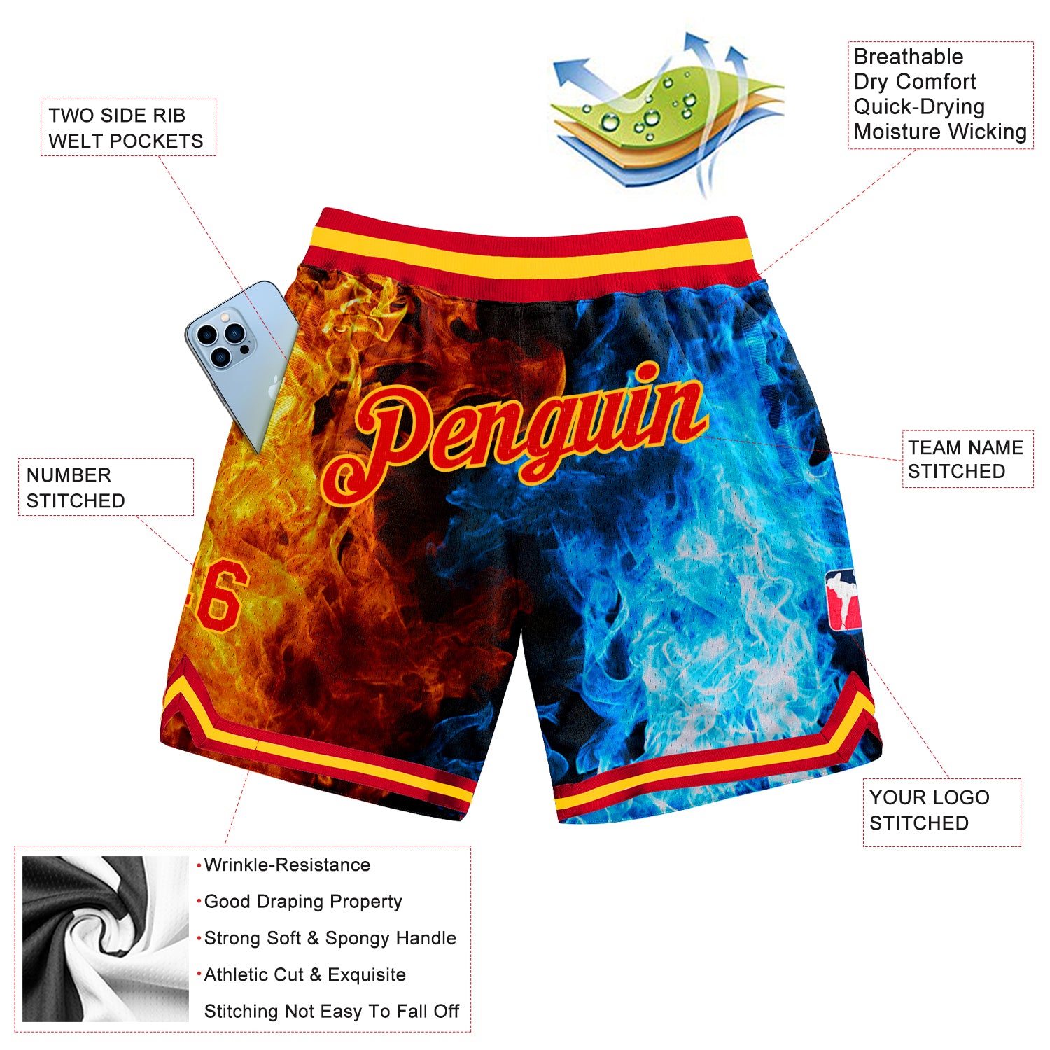 Custom Black Red-Gold 3D Pattern Design Flame Authentic Basketball Shorts