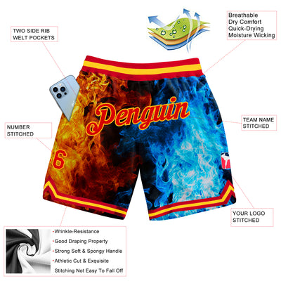 Custom Black Red-Gold 3D Pattern Design Flame Authentic Basketball Shorts
