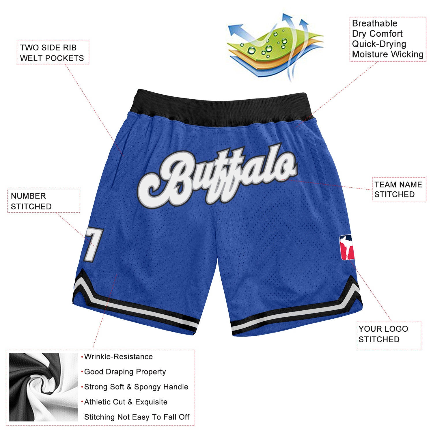Custom Blue White-Black Authentic Throwback Basketball Shorts