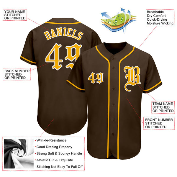 Custom Brown Gold-White Authentic Baseball Jersey Youth Size:S