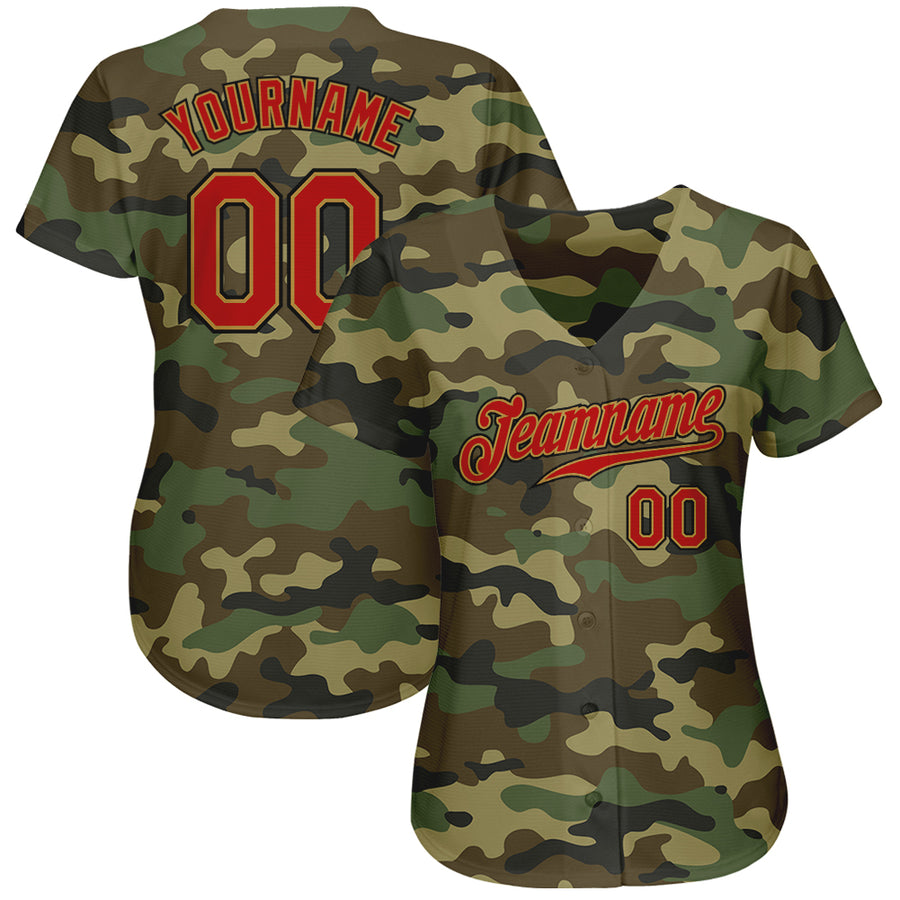 Custom Camo Red-Old Gold Authentic Salute To Service Baseball Jersey