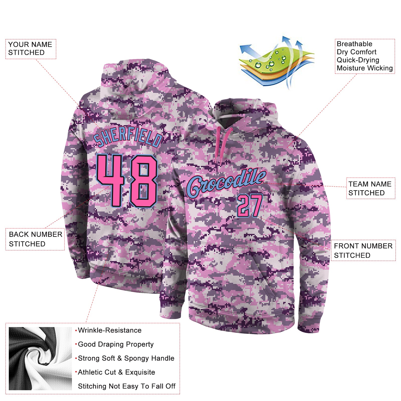 Custom Stitched Camo Pink-Light Blue Sports Pullover Sweatshirt Salute To Service Hoodie