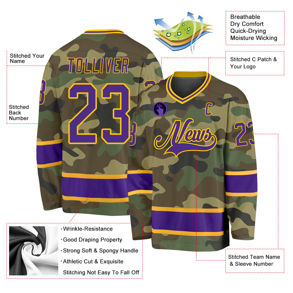 Custom Camo Purple-Gold Salute To Service Hockey Jersey