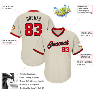 Custom Cream Red-Black Authentic Throwback Rib-Knit Baseball Jersey Shirt