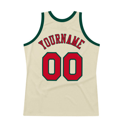 Custom Cream Red-Hunter Green Authentic Throwback Basketball Jersey