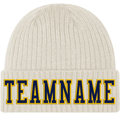 Custom Cream Navy-Gold Stitched Cuffed Knit Hat
