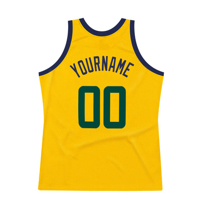 Custom Gold Hunter Green-Navy Authentic Throwback Basketball Jersey