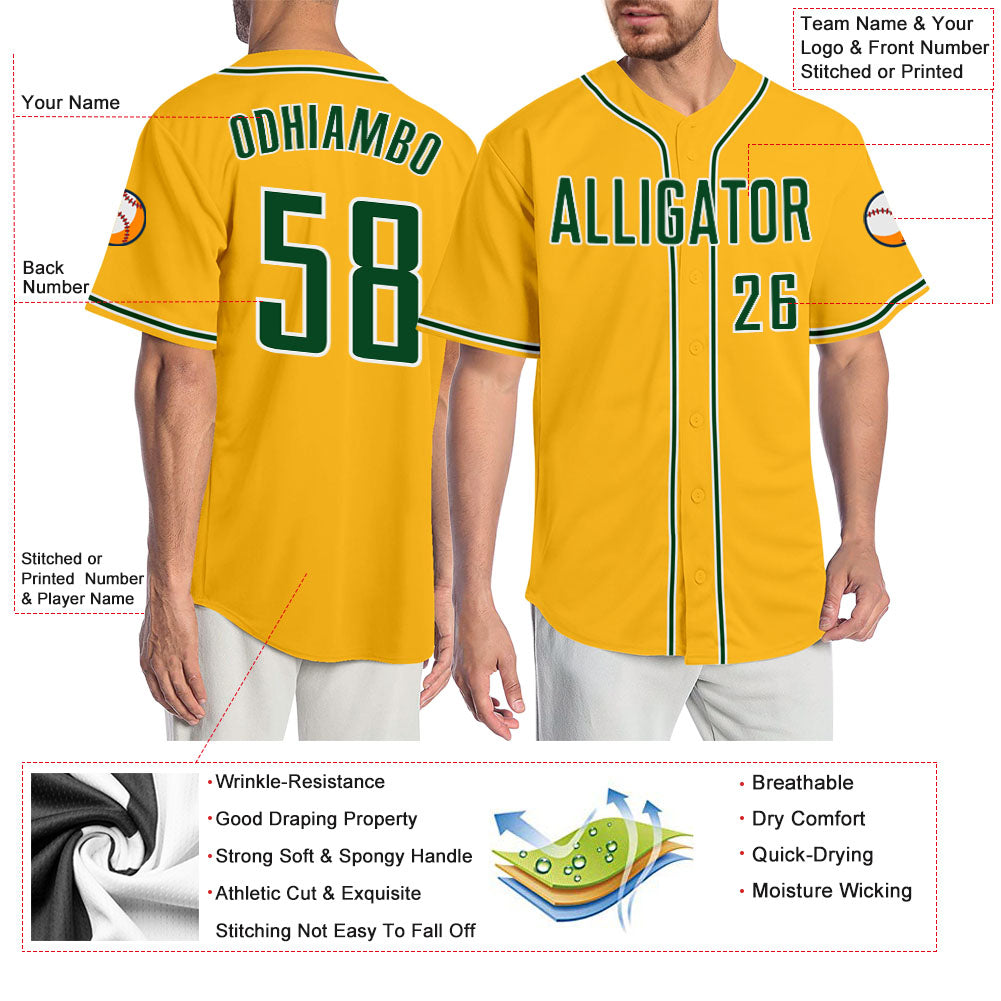 Custom Gold Green-White Authentic Baseball Jersey