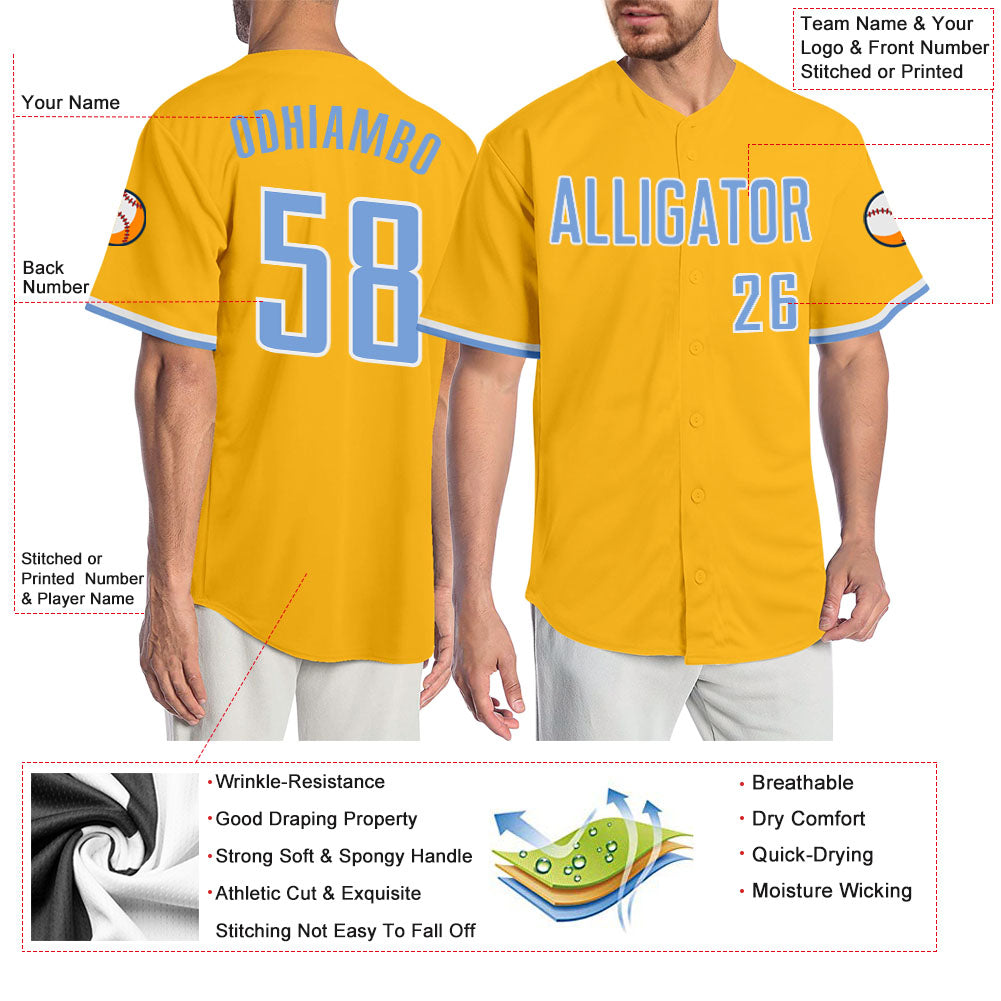 Custom Gold Light Blue-White Authentic Baseball Jersey