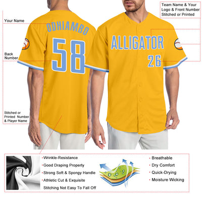 Custom Gold Light Blue-White Authentic Baseball Jersey