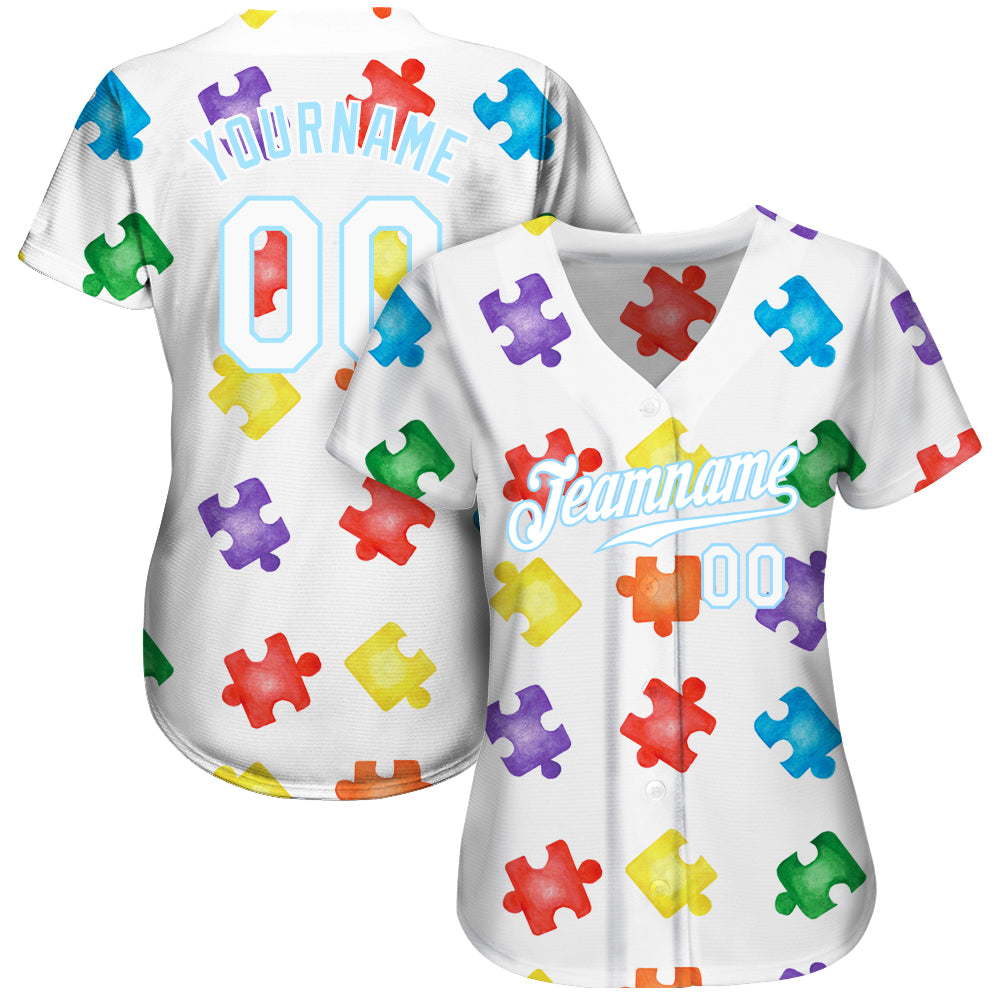 Custom Autism Awareness Puzzle Pieces White-Light Blue 3D Authentic Baseball Jersey