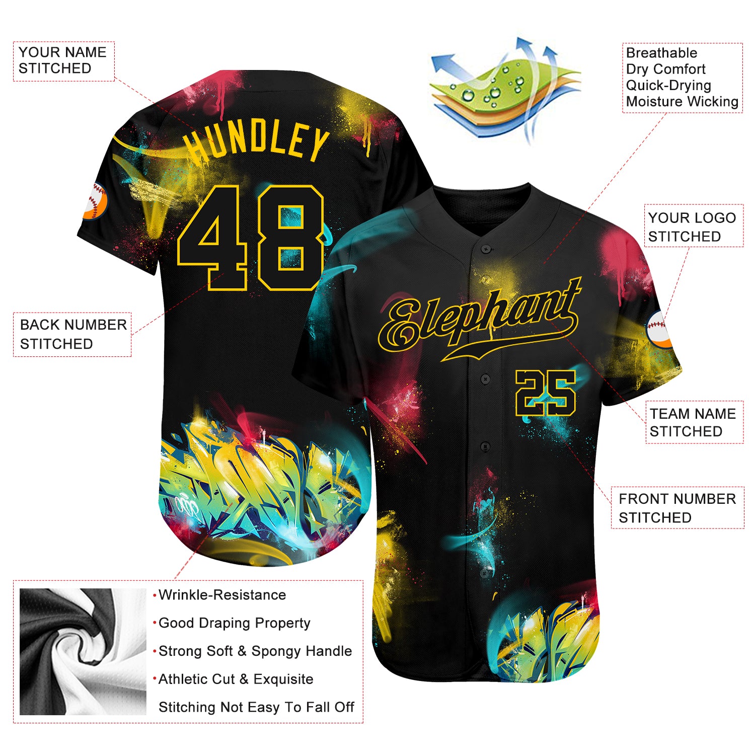 Custom Graffiti Pattern Black-Gold 3D Authentic Baseball Jersey