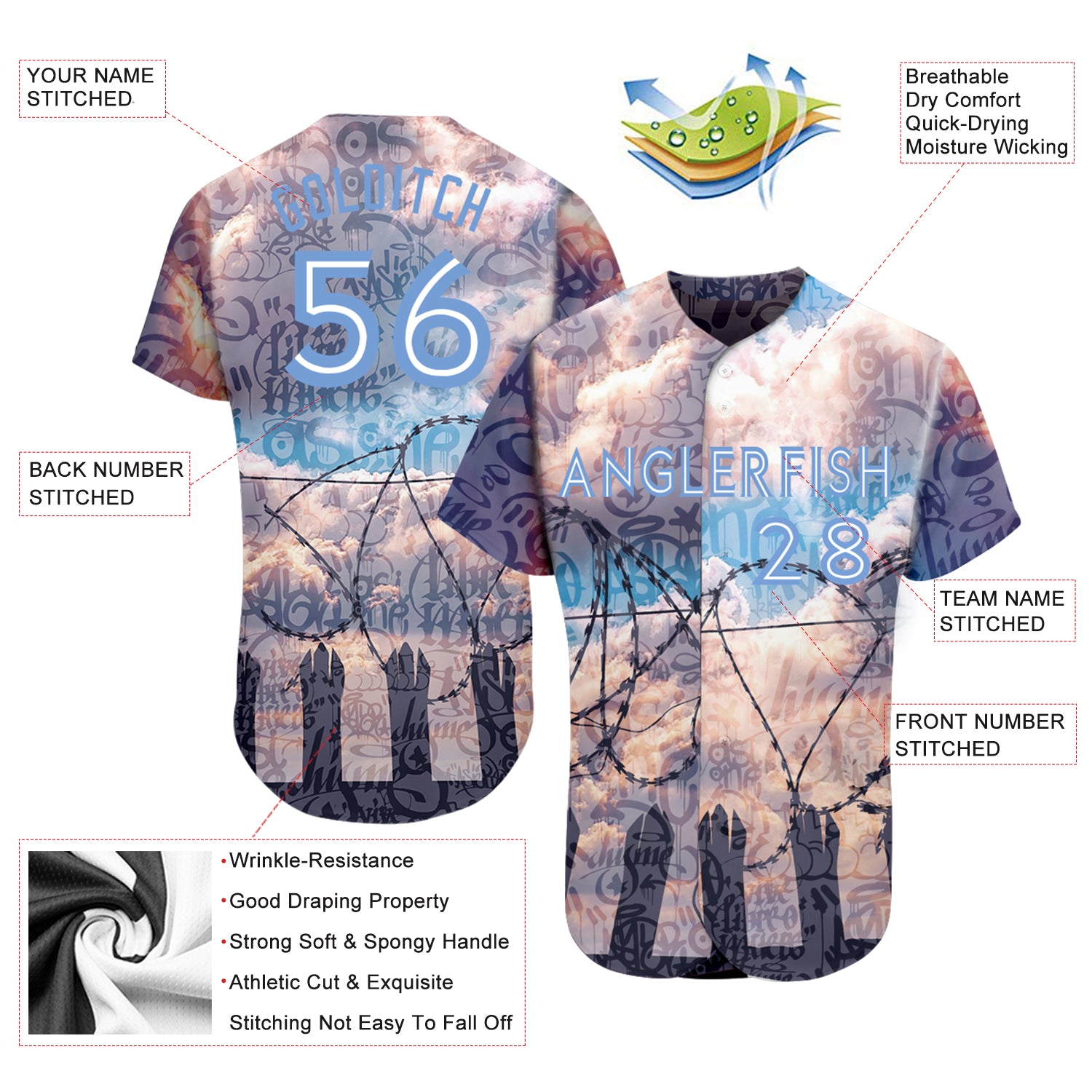 Custom Graffiti Pattern Light Blue-White 3D Freedom Authentic Baseball Jersey