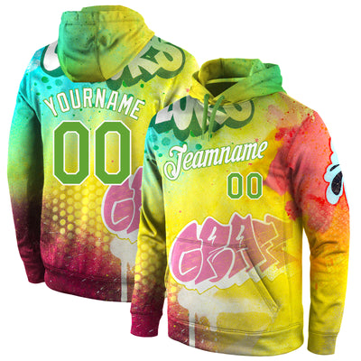 Custom Stitched Graffiti Pattern Neon Green-White 3D Sports Pullover Sweatshirt Hoodie